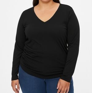 Good‎ American Black Long Sleeve V-Neck Ruched Side Stretch Top – Women's Size 3